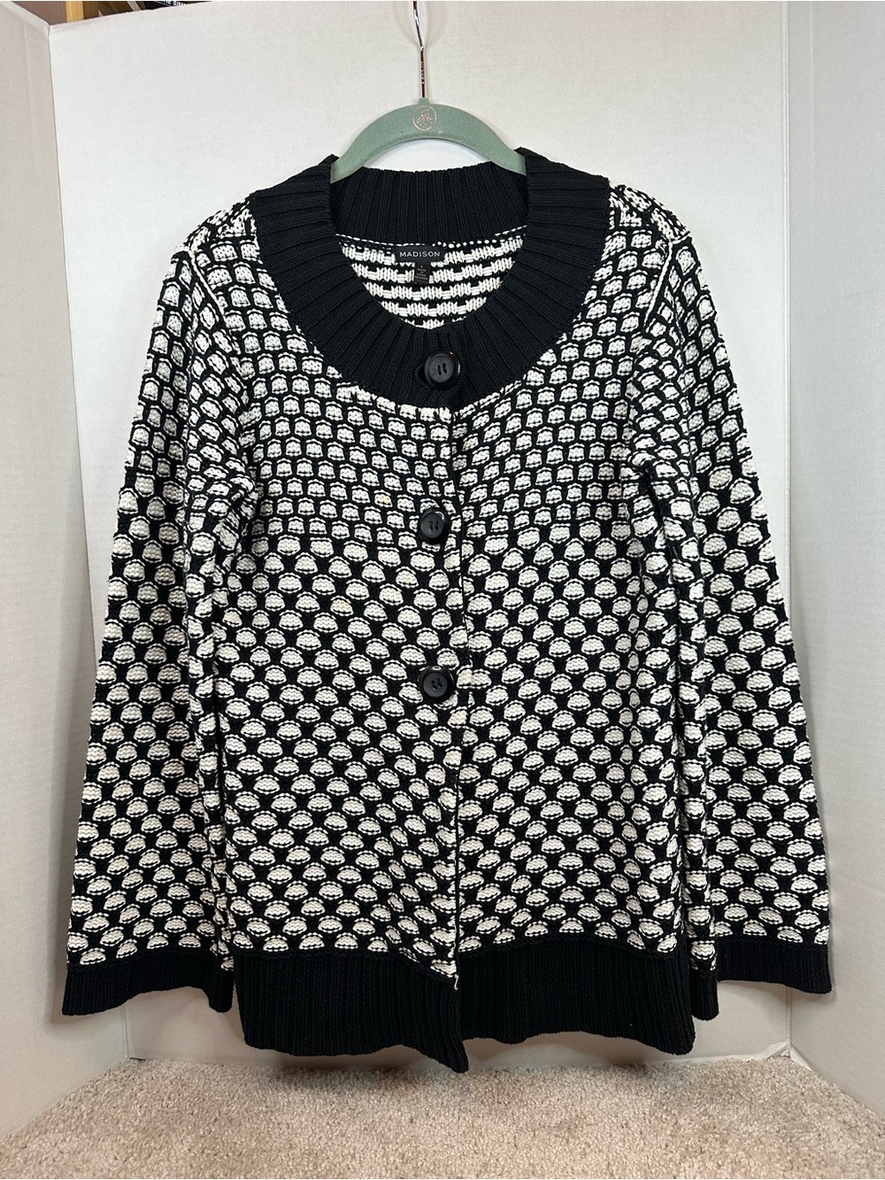 Madison Black and White Textured Button Cardigan, size Large